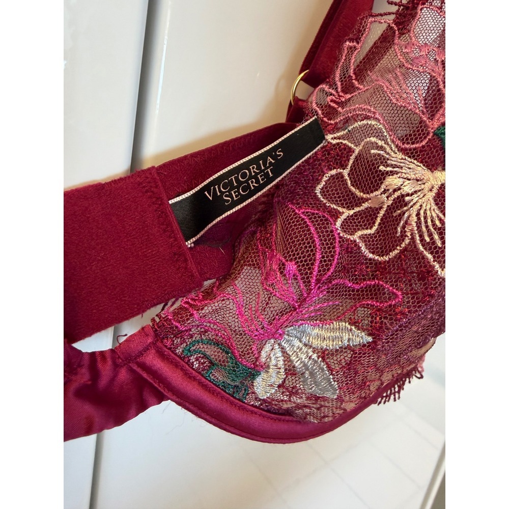 Victoria's Secret Burgundy Floral Embroidered Sheer Mesh Underwire Bra 34D - Picture 3 of 8